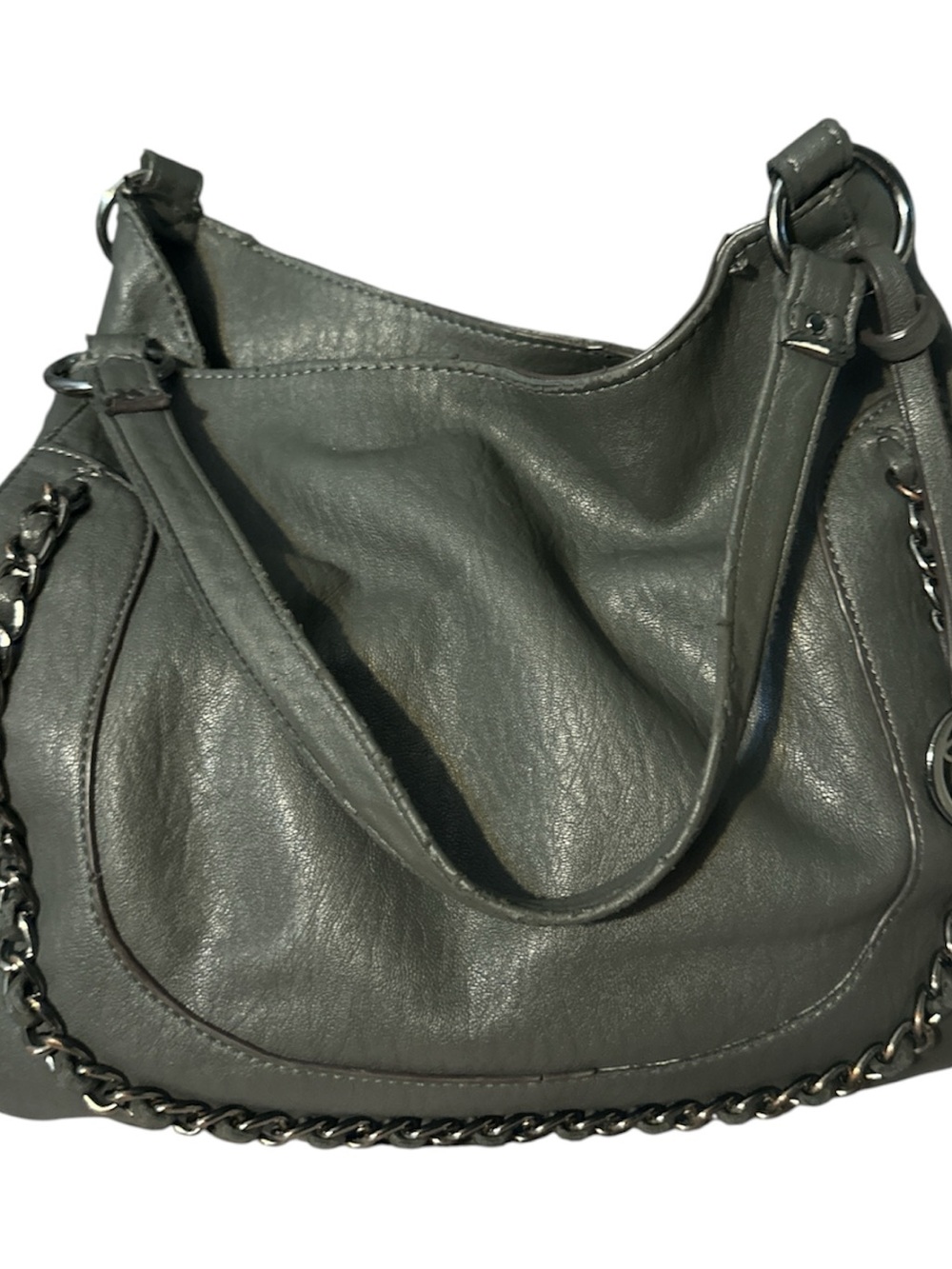 Jessica Simpson Gray Leather Shoulder Bag with Chain Trim 3 big pockets charm